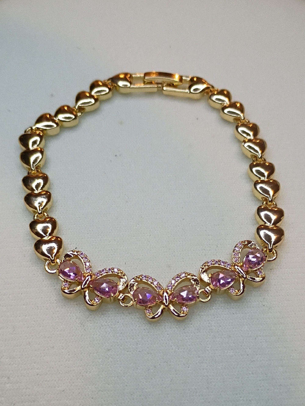 New Gold-Tone Pink Butterfly with Hearts Bracelet - Women's Jewelry 🚨